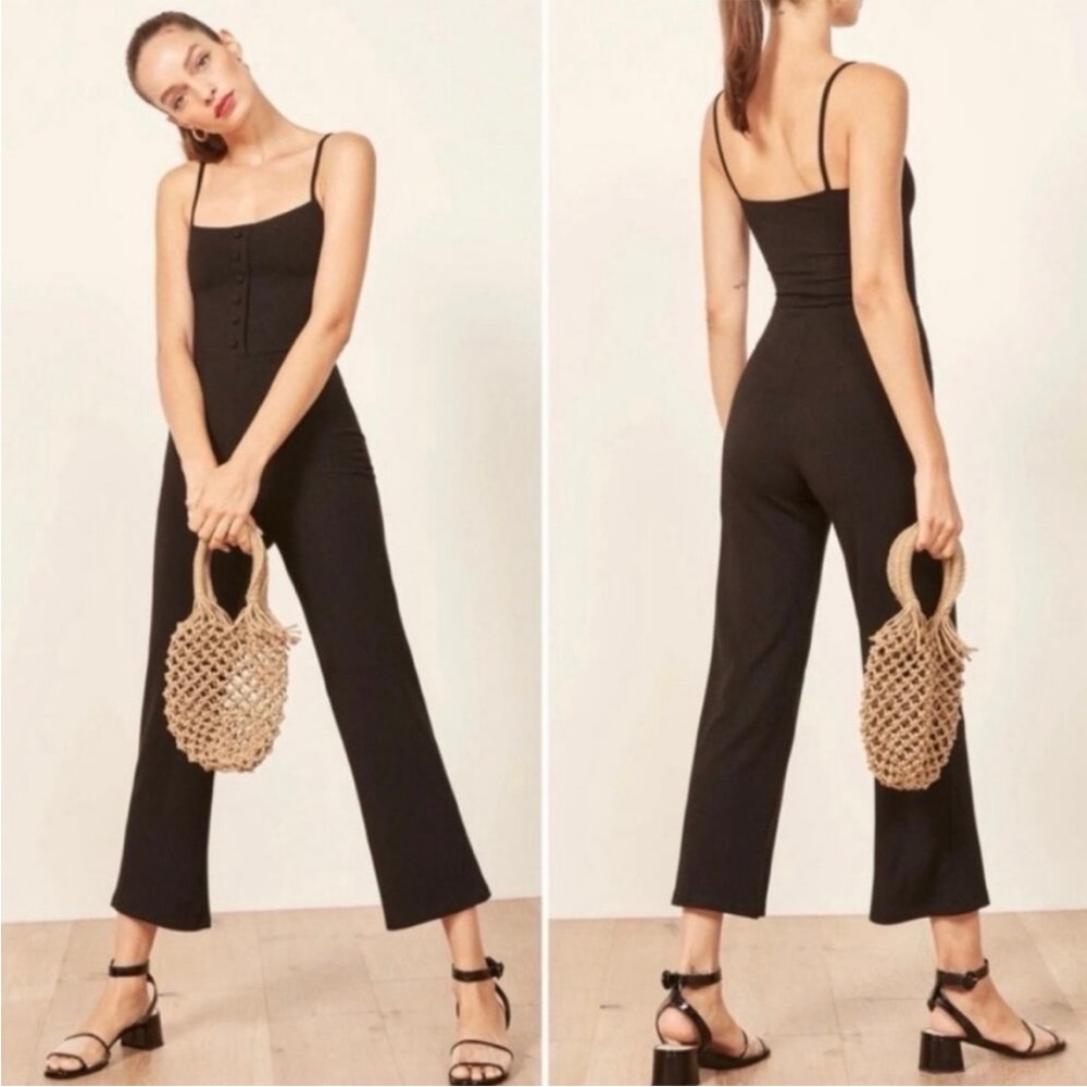Reformation Ribbed Phoebe Button Black Jumpsuit
